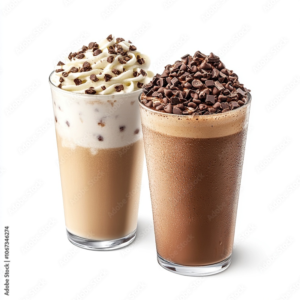 2 drinks Chocolate Chip Latte and Dark Chocolate Espresso on white background ,generative ai 2 drinks Chocolate Chip Latte and Dark Chocolate Espresso on white background ,generative ai