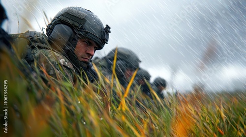 Soldiers Crouched in Tall Grass During Heavy Rain