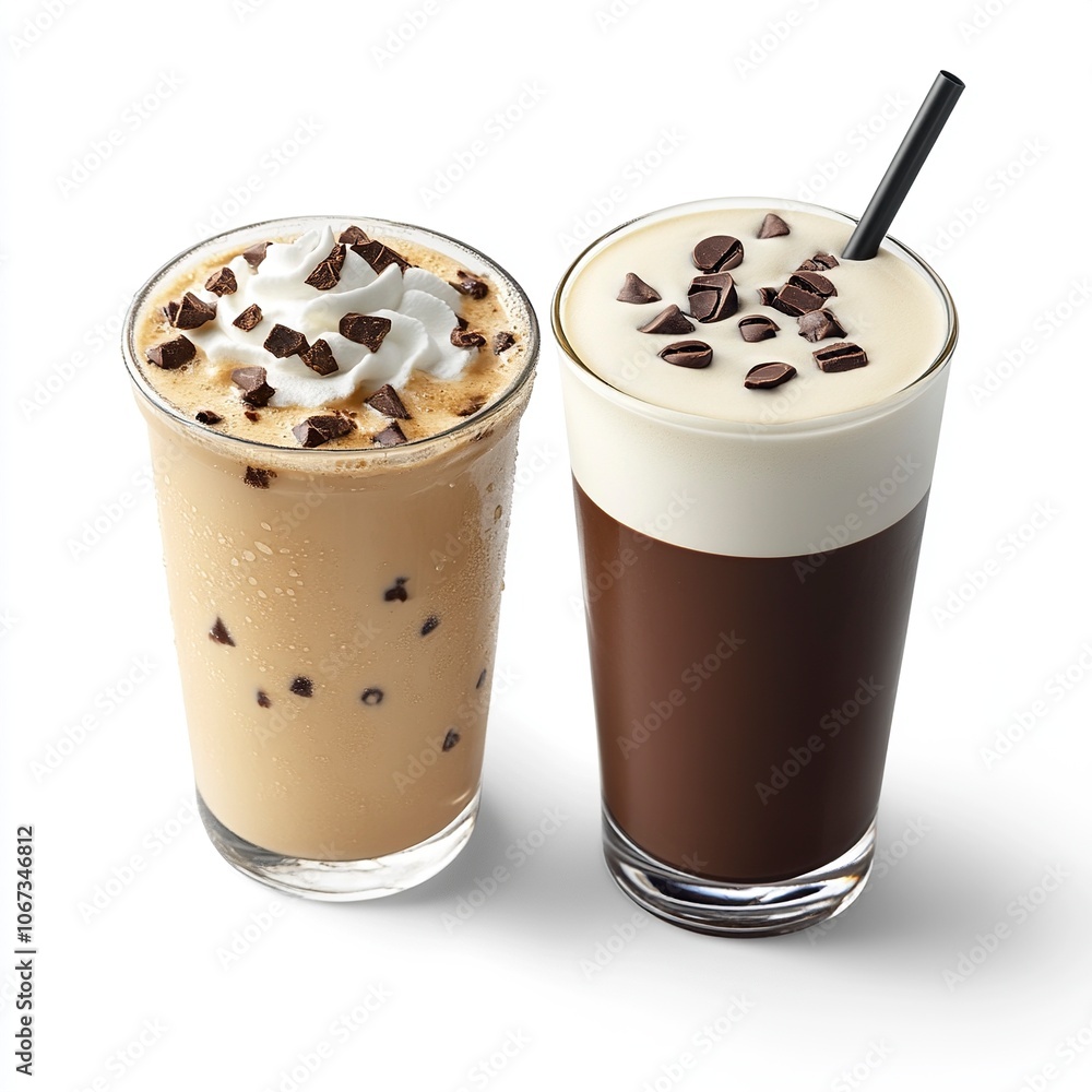 2 drinks Chocolate Chip Latte and Dark Chocolate Espresso on white background ,generative ai 2 drinks Chocolate Chip Latte and Dark Chocolate Espresso on white background ,generative ai
