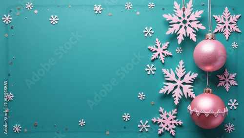 Paper light pink and white snowflakes and Christmas ornaments on a dark turquoise background. Banner. New Year card.