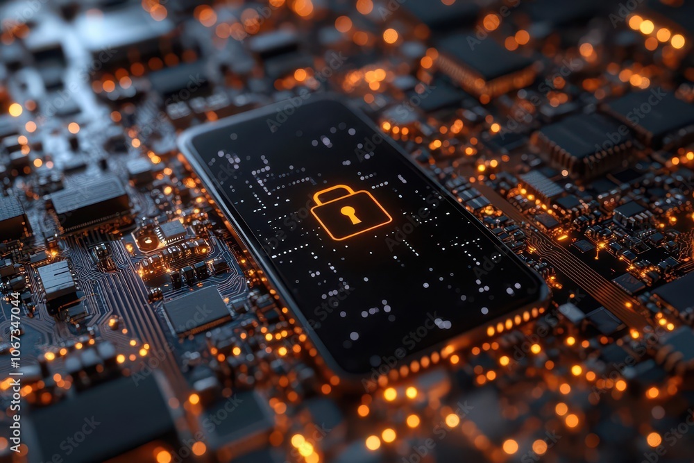 smartphone displaying a cybersecurity lock icon set against a backdrop of intricate digital circuits representing the importance of online security in a modern context smartphone displaying a cybersecurity lock icon set against a backdrop of intricate digital circuits representing the importance of online security in a modern context