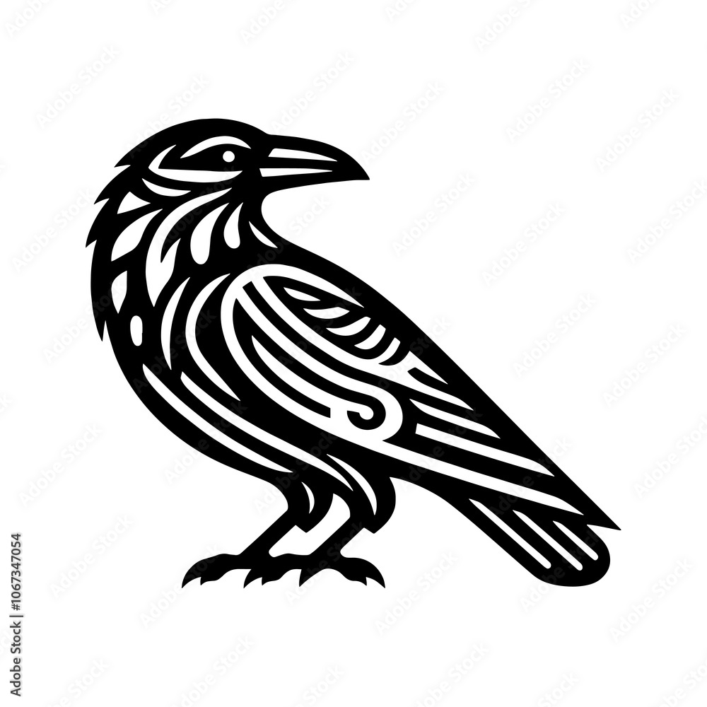 Fototapeta raven bird side view tribal art style engraved vintage design vector