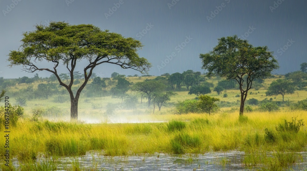 Lush green landscape with trees and water under a stormy sky.