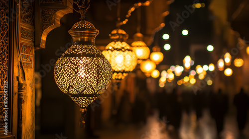 Lantern Glow : mosque wallpaper. Lanterns hang from eaves, their warm light guiding visitors. The mosque’s façade glows softly.  photo