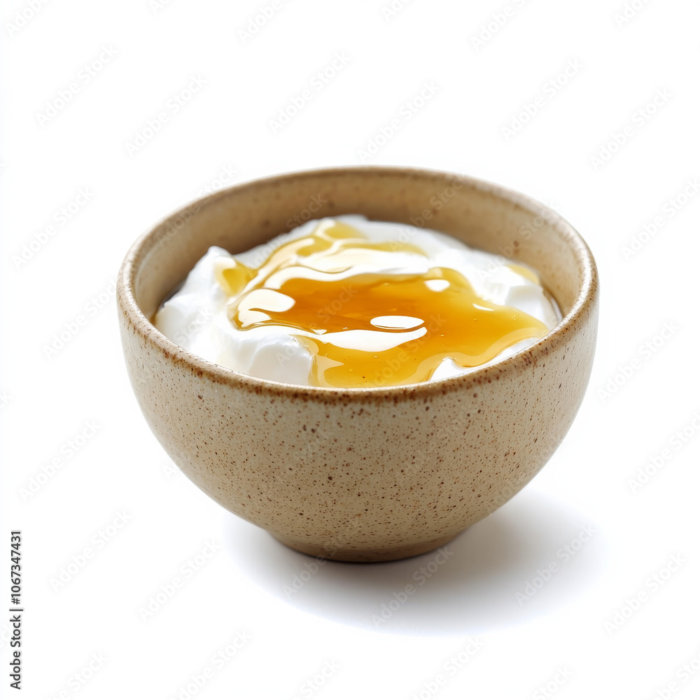 A small bowl of Greek yogurt with honey drizzle, isolated on a white background, emphasizing a healthy snack A small bowl of Greek yogurt with honey drizzle, isolated on a white background, emphasizing a healthy snack