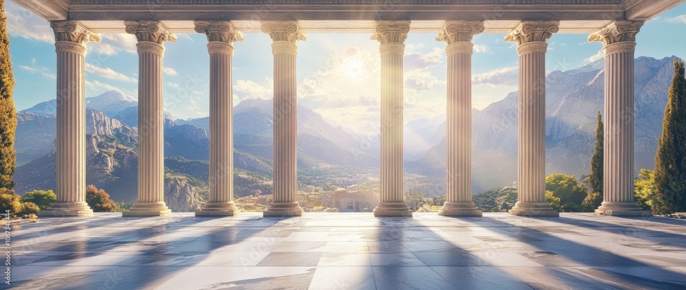 Fototapeta premium Ancient Greek Temple with Columns Against Mountains and Blue Sky. Sunrays Casting Light and Shadow on Marble Floor