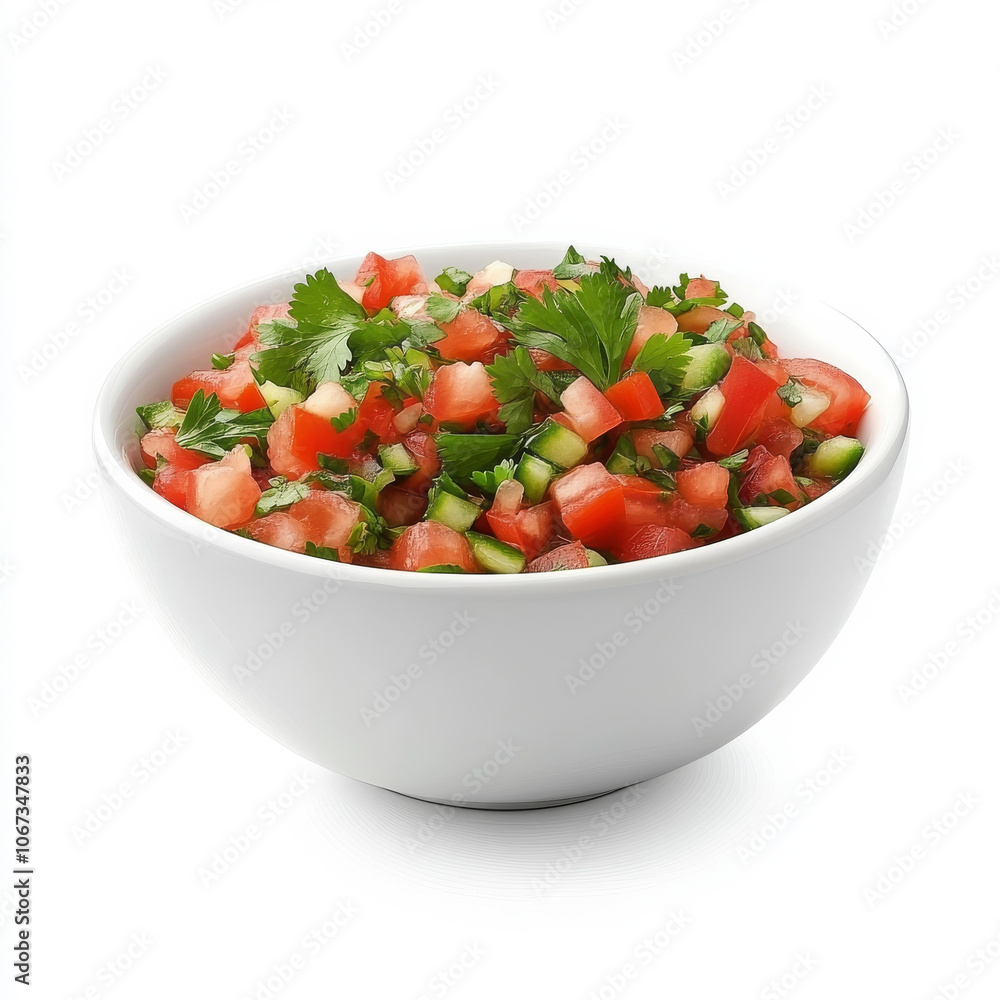 A bowl of fresh pico de gallo with visible tomatoes and cilantro, isolated on a white background, emphasizing a vibrant Mexican salsa A bowl of fresh pico de gallo with visible tomatoes and cilantro, isolated on a white background, emphasizing a vibrant Mexican salsa