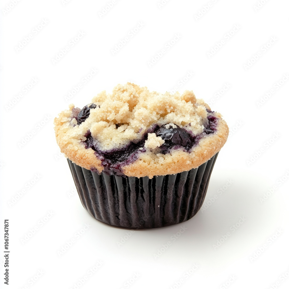 A warm blueberry muffin with crumbly topping, isolated on a white background, showcasing a freshly baked treat A warm blueberry muffin with crumbly topping, isolated on a white background, showcasing a freshly baked treat