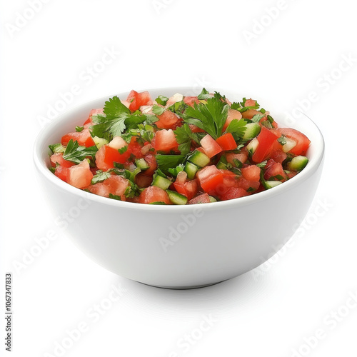 A bowl of fresh pico de gallo with visible tomatoes and cilantro, isolated on a white background, emphasizing a vibrant Mexican salsa