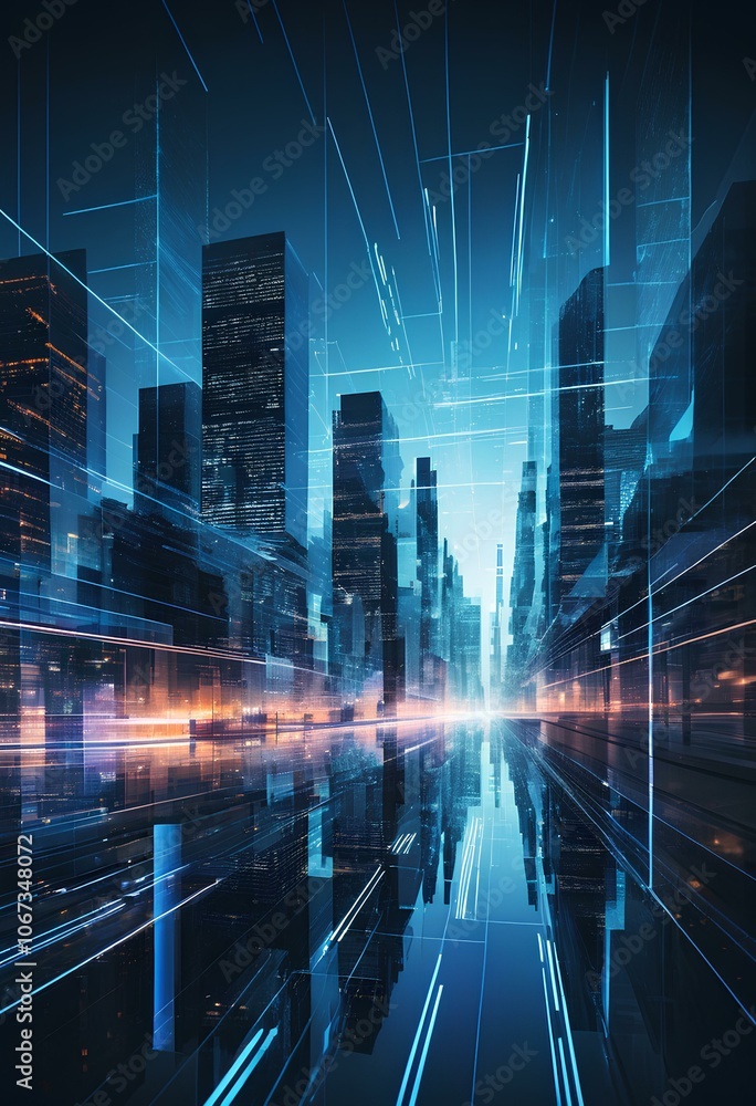 Conceptual images showing digital transformation in business, glowing lines and code-like patterns fading into a cityscape. Deep blue and neon hues express technology, innovation and the future. Conceptual images showing digital transformation in business, glowing lines and code-like patterns fading into a cityscape. Deep blue and neon hues express technology, innovation and the future.