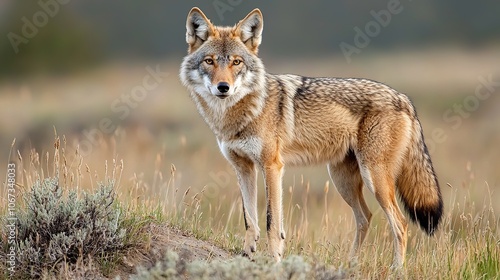 Wolf standing on a hill at sunrise, powerful and intense animal photography