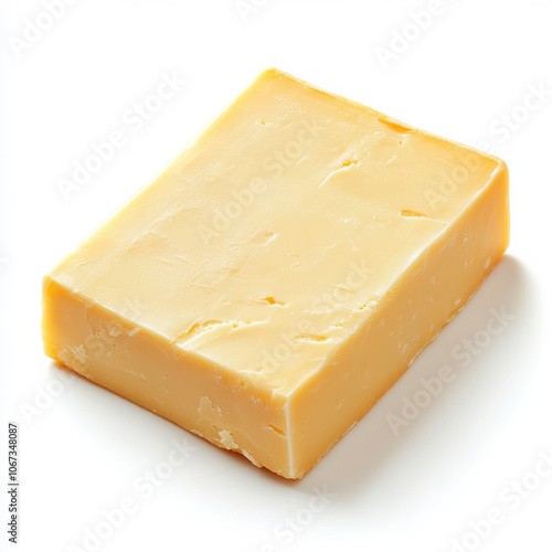 A slice of cheddar cheese, isolated on a white background, highlighting its sharp flavor and smooth texture