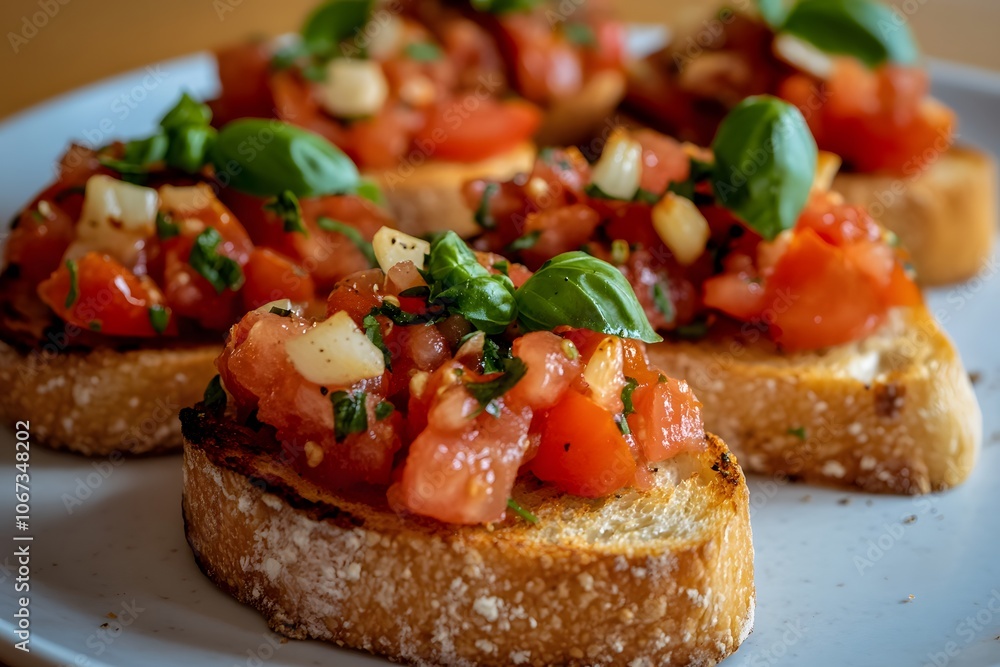 A plate of bruschetta topped with fresh tomatoes, garlic, and basil. A plate of bruschetta topped with fresh tomatoes, garlic, and basil.