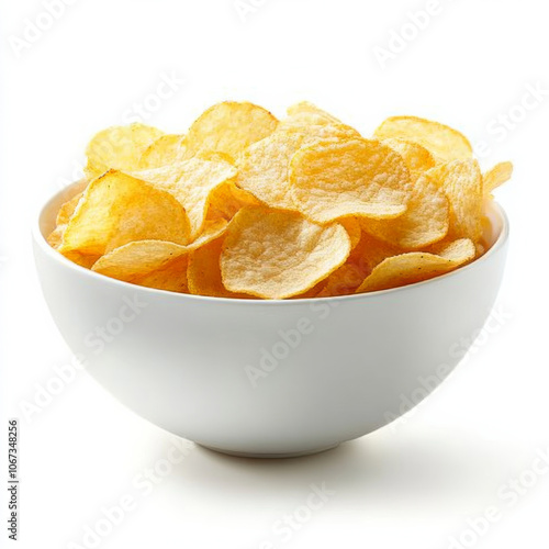 A bowl of classic potato chips, isolated on a white background, emphasizing a crunchy snack choice