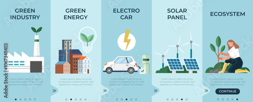 Green energy and industry, electro car, solar panel, ecosystem set. Sustainable clean industrial factory, renewable energy sources and green electricity. Environmental, social, corporate governance
