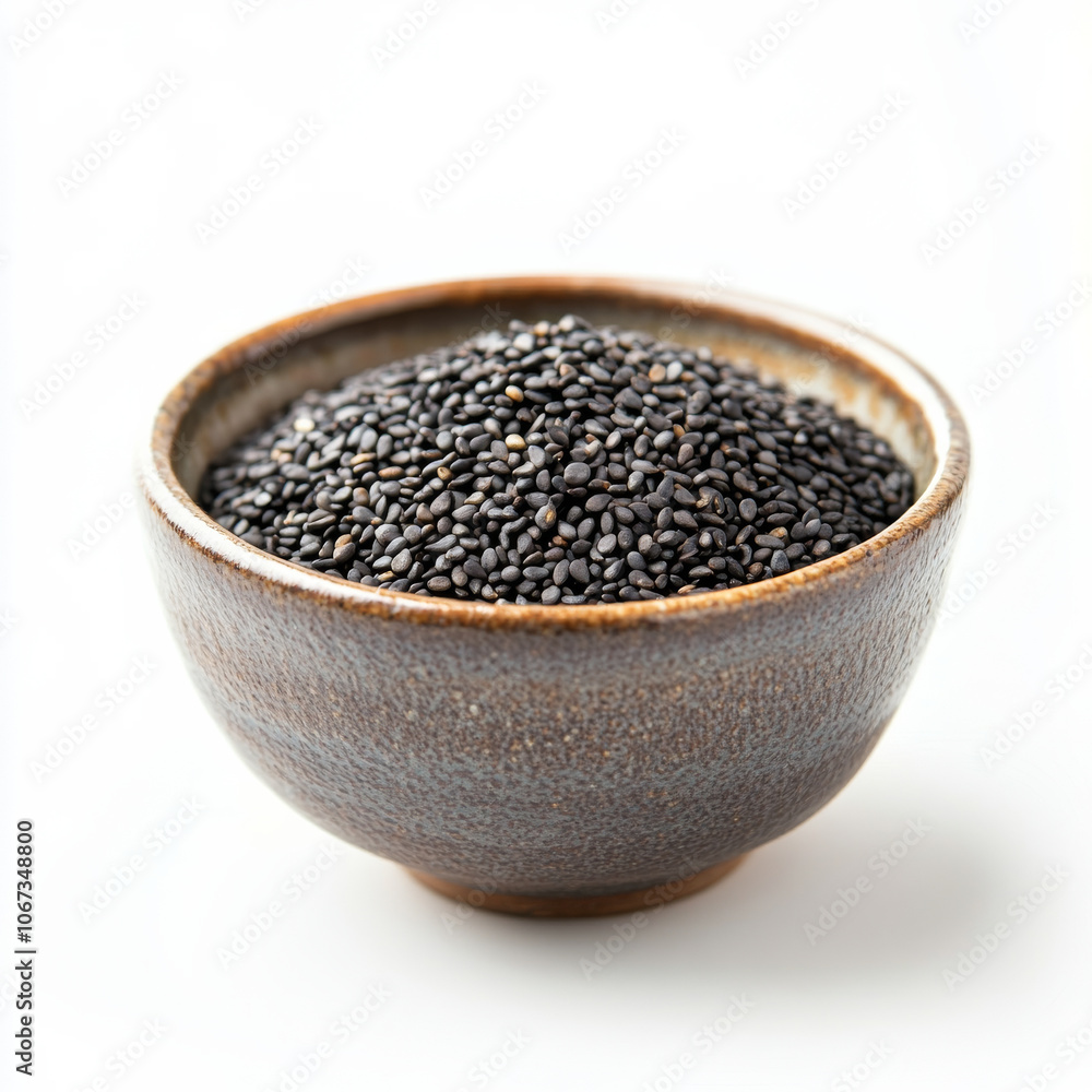 A small bowl of black sesame seeds, isolated on a white background, emphasizing a unique ingredient A small bowl of black sesame seeds, isolated on a white background, emphasizing a unique ingredient