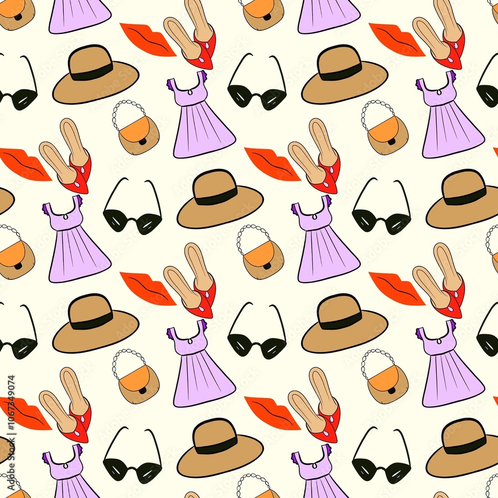 Lady clothing sets seamless pattern on background.