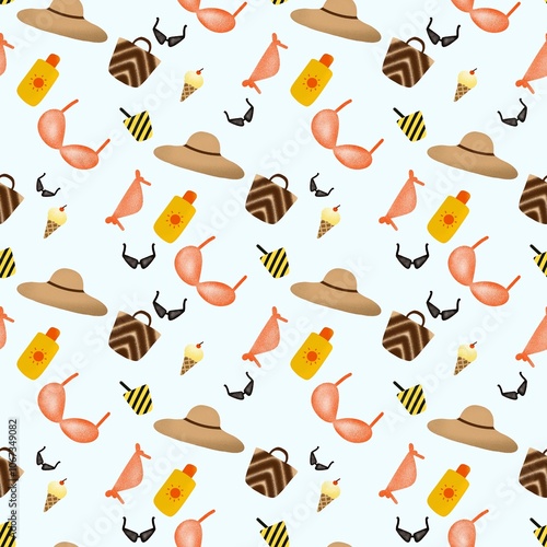 Obraz na płótnie Bikini wearing beach set seamless pattern on background. w salonie