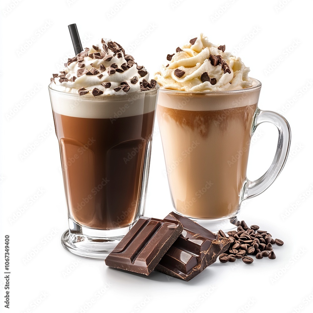 2 drinks Chocolate Chip Latte and Dark Chocolate Espresso on white background ,generative ai 2 drinks Chocolate Chip Latte and Dark Chocolate Espresso on white background ,generative ai