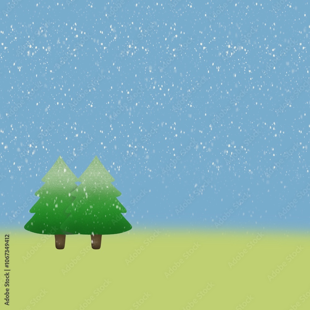 Pine plant with snow falling down on background.