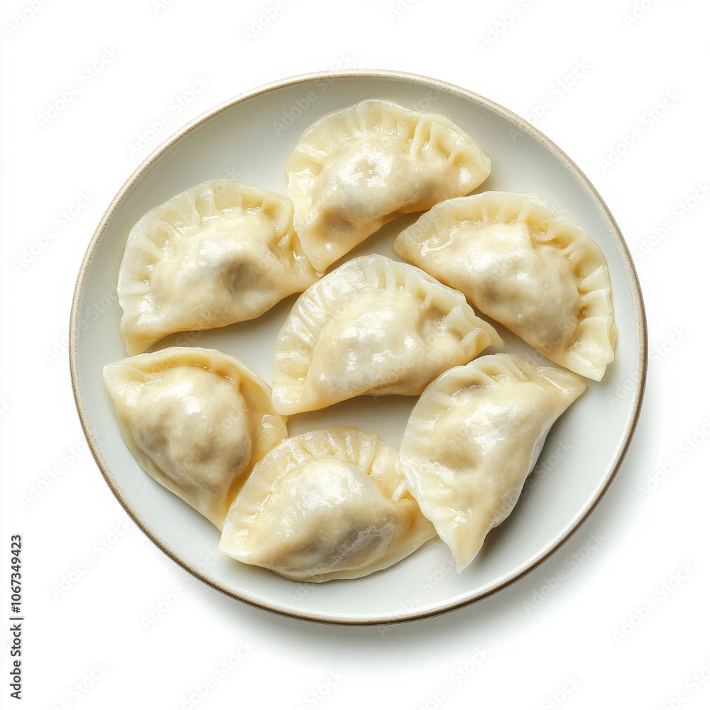 A plate of freshly cooked dumplings, isolated on a white background, showcasing a traditional and delicious dish A plate of freshly cooked dumplings, isolated on a white background, showcasing a traditional and delicious dish