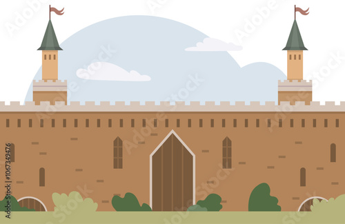 Castle with high walls, two towers with flags, central gate, clouds in sky, and greenery. Ideal for history, architecture, fantasy, education, storytelling. Simple vector style