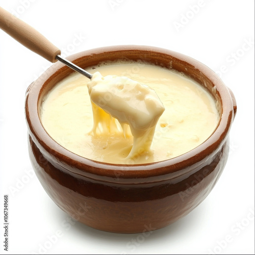 A traditional Swiss fondue pot with cheese, isolated on a white background, highlighting a warm and comforting dish