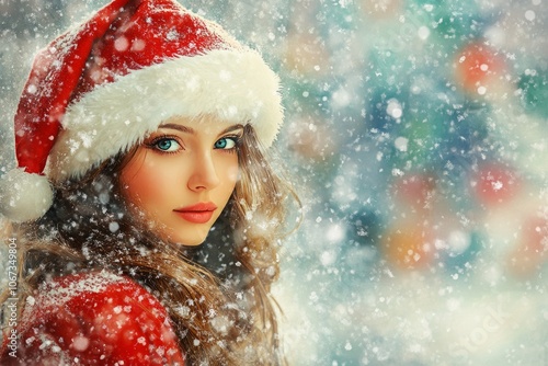 beautiful anime style illustration, of a woman dressed as Santa Claus, in a corner of the image, copy space, 