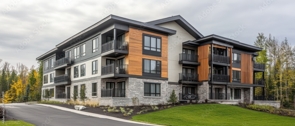Modern multi-unit residential building with a mix of materials and landscaped surroundings. Modern multi-unit residential building with a mix of materials and landscaped surroundings.