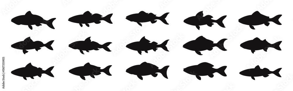 Fototapeta premium Set of salmon silhouette. Fish vector by hand drawing. Fish tattoo on white background. Salmon fish sketch for coloring book. Vector Illustration.