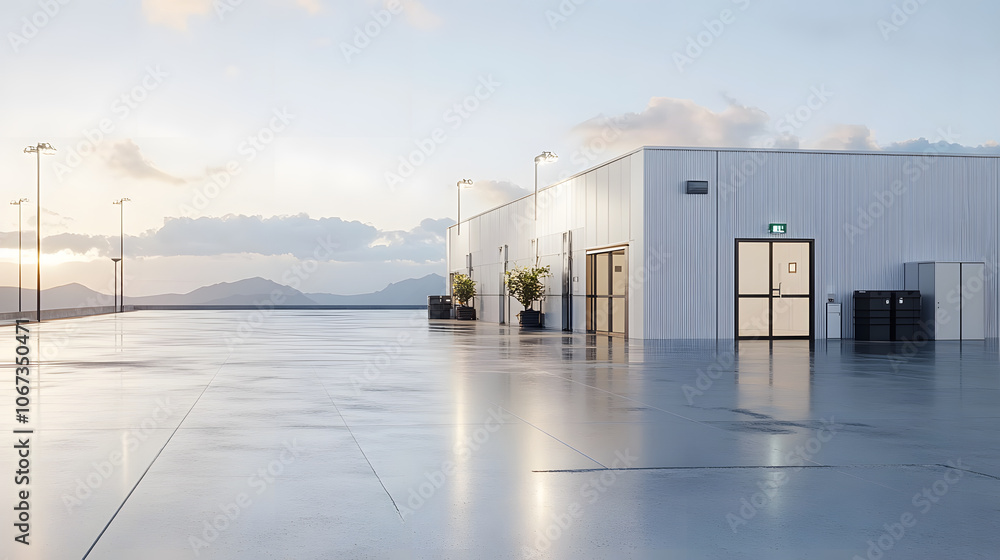 Fototapeta premium modern container storage facility with reflective surface and mountains