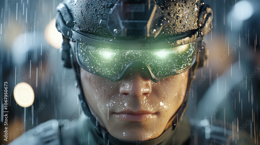 Soldier with Night Vision Goggles in Rainy Environment Soldier with Night Vision Goggles in Rainy Environment