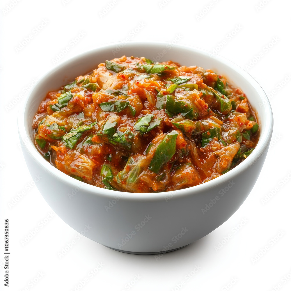 A bowl of spicy kimchi, isolated on a white background, highlighting a popular fermented Korean side dish A bowl of spicy kimchi, isolated on a white background, highlighting a popular fermented Korean side dish