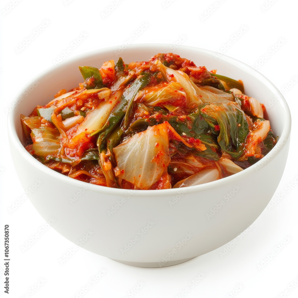 A bowl of spicy kimchi, isolated on a white background, highlighting a popular fermented Korean side dish