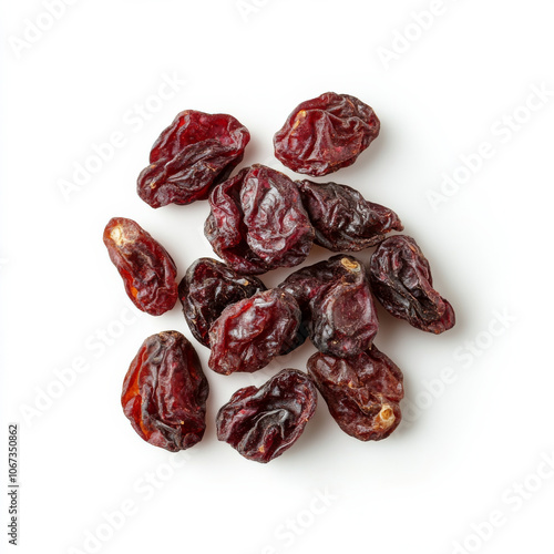 A handful of dried cranberries, isolated on a white background, showcasing a sweet and tart snack option