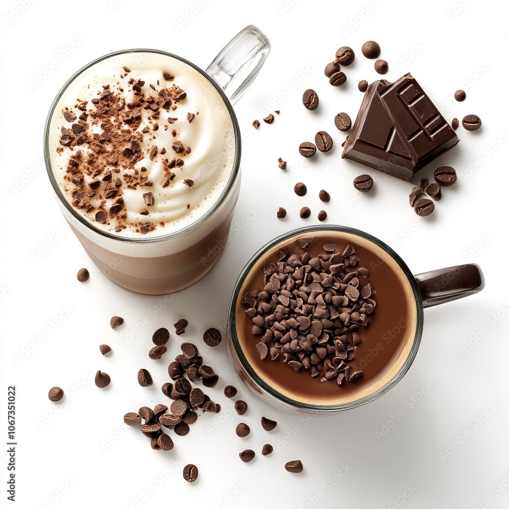 2 drinks Chocolate Chip Latte and Dark Chocolate Espresso on white background ,generative ai 2 drinks Chocolate Chip Latte and Dark Chocolate Espresso on white background ,generative ai