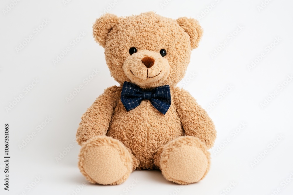 Soft teddy bear with a blue bowtie sitting against a plain white background, designed for children's comfort and companionship Soft teddy bear with a blue bowtie sitting against a plain white background, designed for children's comfort and companionship