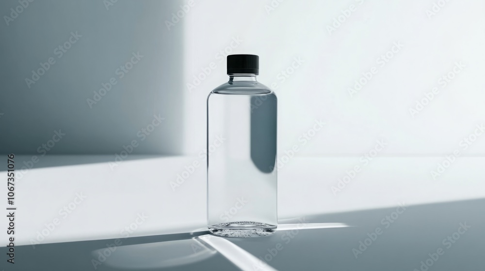 Clean modern water bottle with safety cap and half-filled with clear water on white background, symbolizing hydration and drinking safety, ample copy space for text overlay. Clean modern water bottle with safety cap and half-filled with clear water on white background, symbolizing hydration and drinking safety, ample copy space for text overlay.