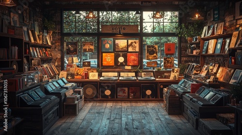 Explore the enchanting atmosphere of a cozy record store filled with vintage vinyl and artistry