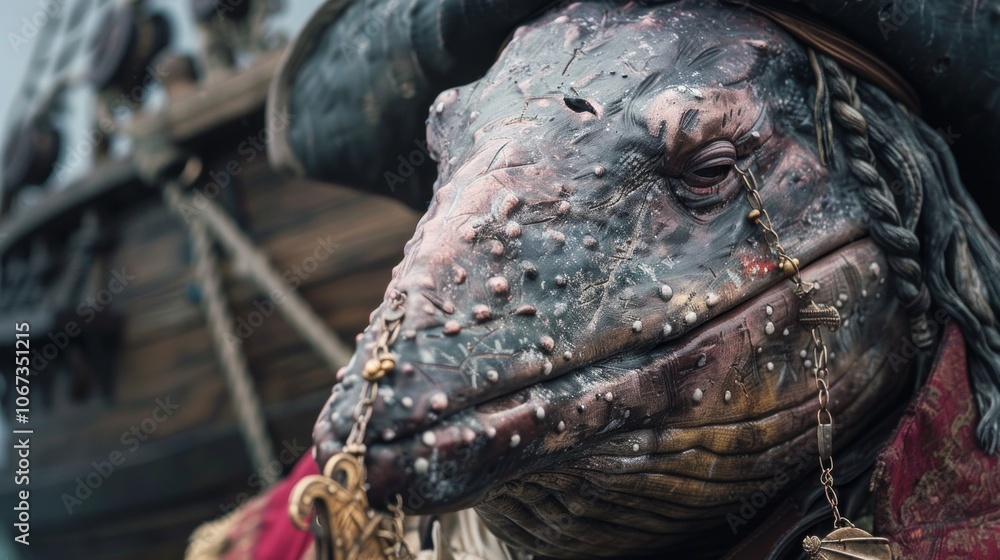 custom made wallpaper toronto digitalA sea creature statue in human attire, with a tricorn hat and lantern, adorned with gold chains, holding a sword. Background: boat with nautical elements, hinting at a decorative setup.