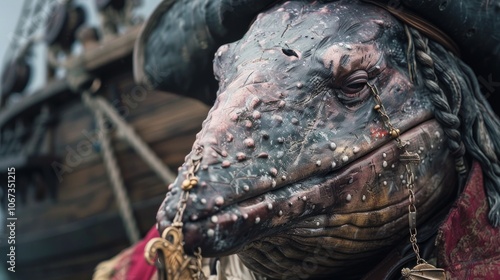 Wallpaper Mural A sea creature statue in human attire, with a tricorn hat and lantern, adorned with gold chains, holding a sword. Background: boat with nautical elements, hinting at a decorative setup. Torontodigital.ca