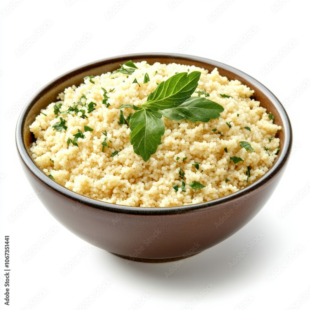 A bowl of couscous with fresh herbs, isolated on a white background, highlighting a versatile side dish A bowl of couscous with fresh herbs, isolated on a white background, highlighting a versatile side dish