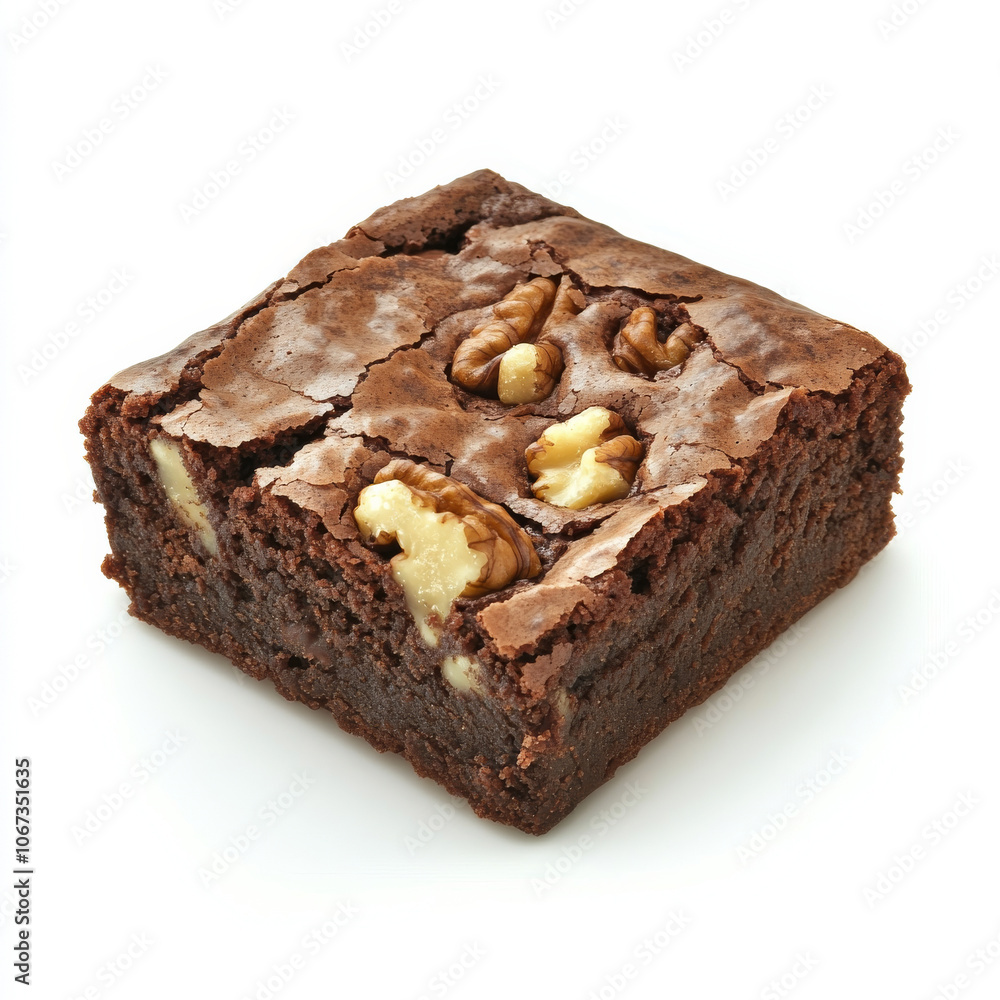 A classic chocolate brownie with walnuts, isolated on a white background, emphasizing its rich texture and decadent flavor