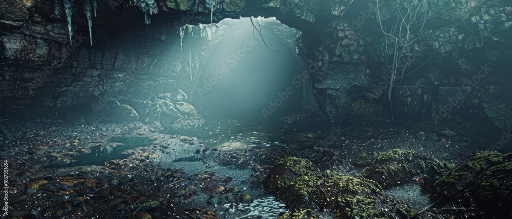 Fototapeta premium A cave with icicle-adorned entrance, moss-covered interior, and fallen leaves, illuminated by natural light, in a tranquil natural setting devoid of human influence.