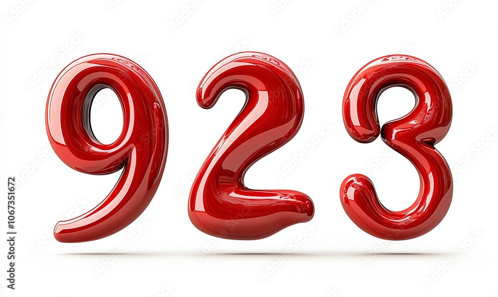 Three glossy red numbers, 9, 2, and 3, standing together on a white isolated background, perfect for creative designs and numeral representations. Three glossy red numbers, 9, 2, and 3, standing together on a white isolated background, perfect for creative designs and numeral representations.