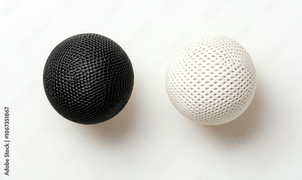 Two textured balls, one black and one white, isolated against a clean white background, showcasing contrast and design. Two textured balls, one black and one white, isolated against a clean white background, showcasing contrast and design.