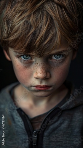 Portrait features intense red-haired boy with blue eyes in grey hoodie, gazing at the camera against black backdrop, creating a somber atmosphere.