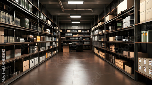 well organized stockroom with labeled shelves and boxes, showcasing efficiency