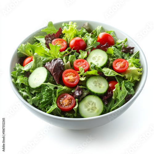 A bowl of mixed green salad with cherry tomatoes and cucumbers, isolated on a white background, emphasizing freshness