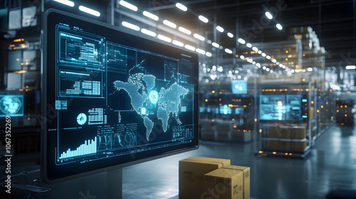 Wallpaper Mural 3D render of inventory planning software screen in warehouse setting Torontodigital.ca